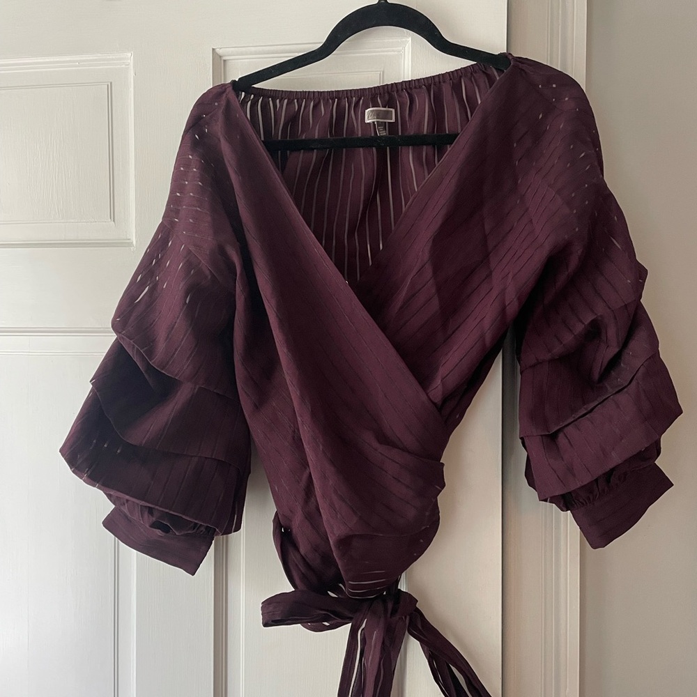 Chelsea 28, size S, plum purple, wrap blouse, missing snap